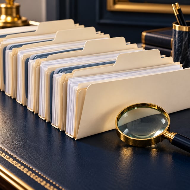 Organized record folders and magnifying glass