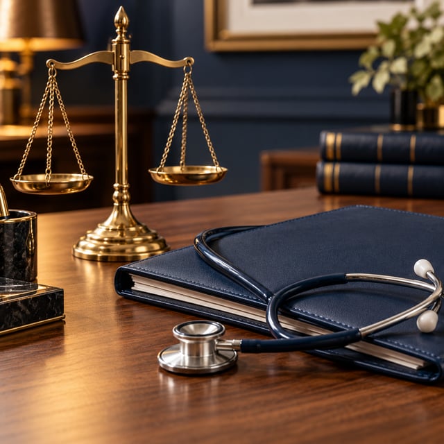 Balance scale with stethoscope and referral folder