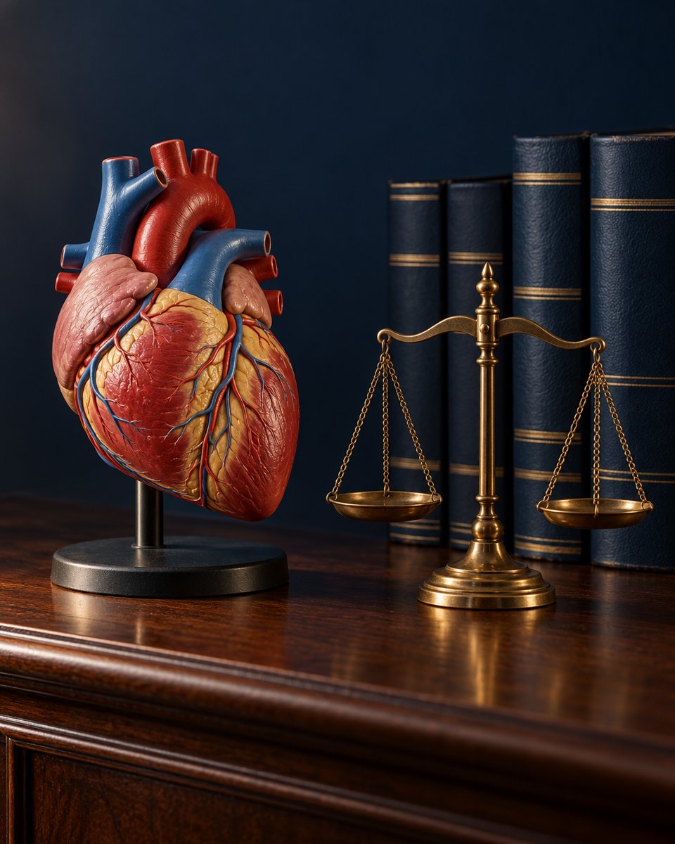 Anatomical teaching heart model, law books and balance scale — medical-legal concept