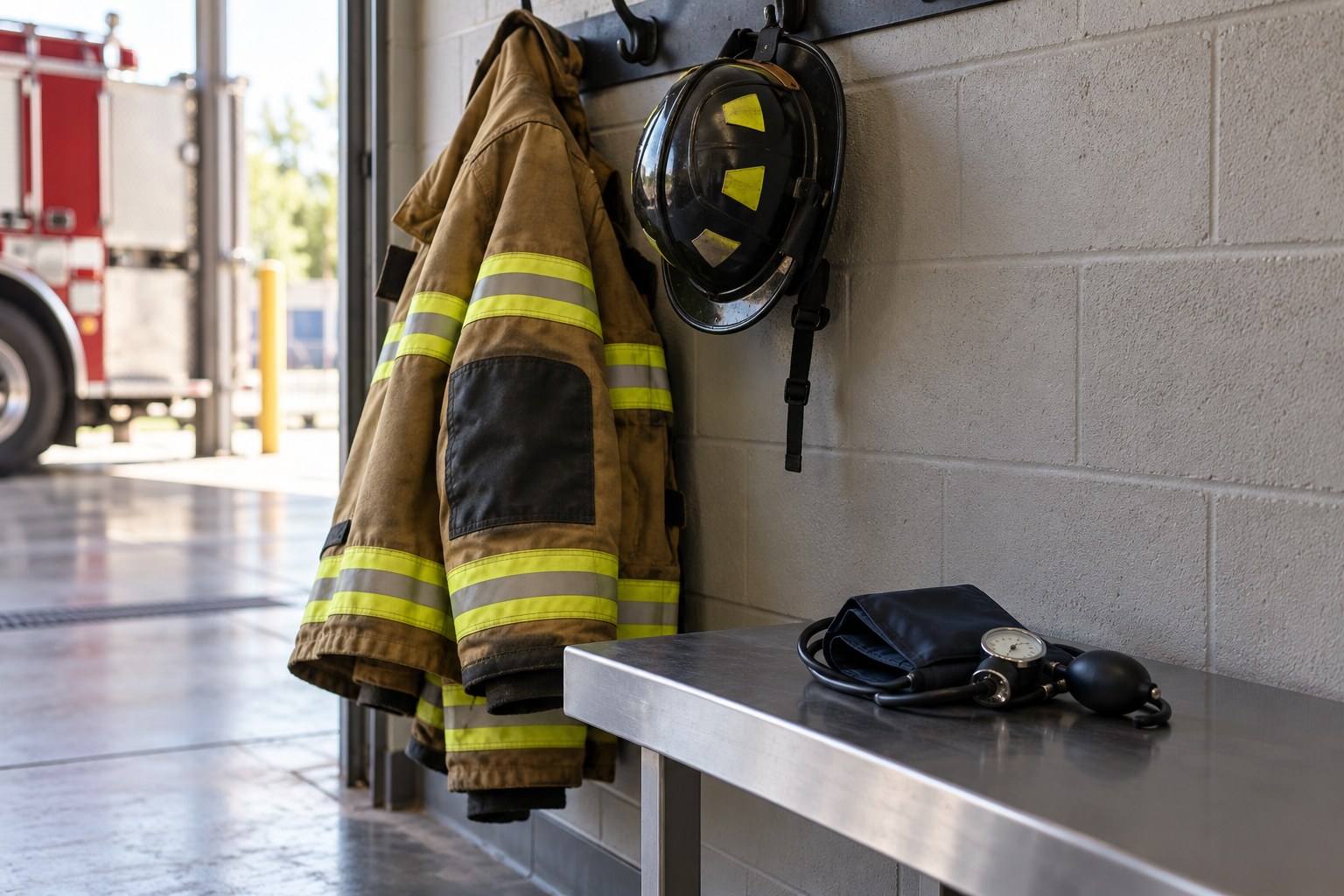 A firefighter’s turnout coat and helmet on a station wall beside a blood pressure cuff, illustrating Florida’s heart and hypertension presumption